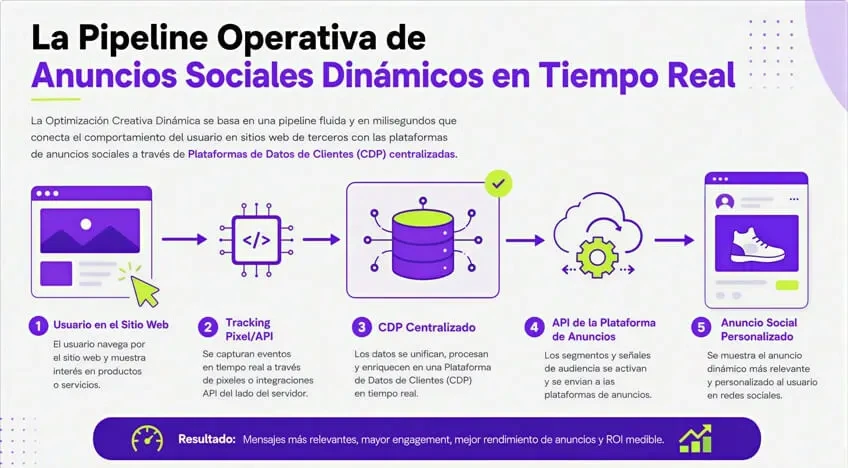 Infografía: la pipeline operativa de anuncios sociales dinámicos en tiempo real, con cinco pasos desde el usuario en el sitio web hasta el anuncio social personalizado, pasando por el píxel, la CDP y la API de la plataforma de anuncios